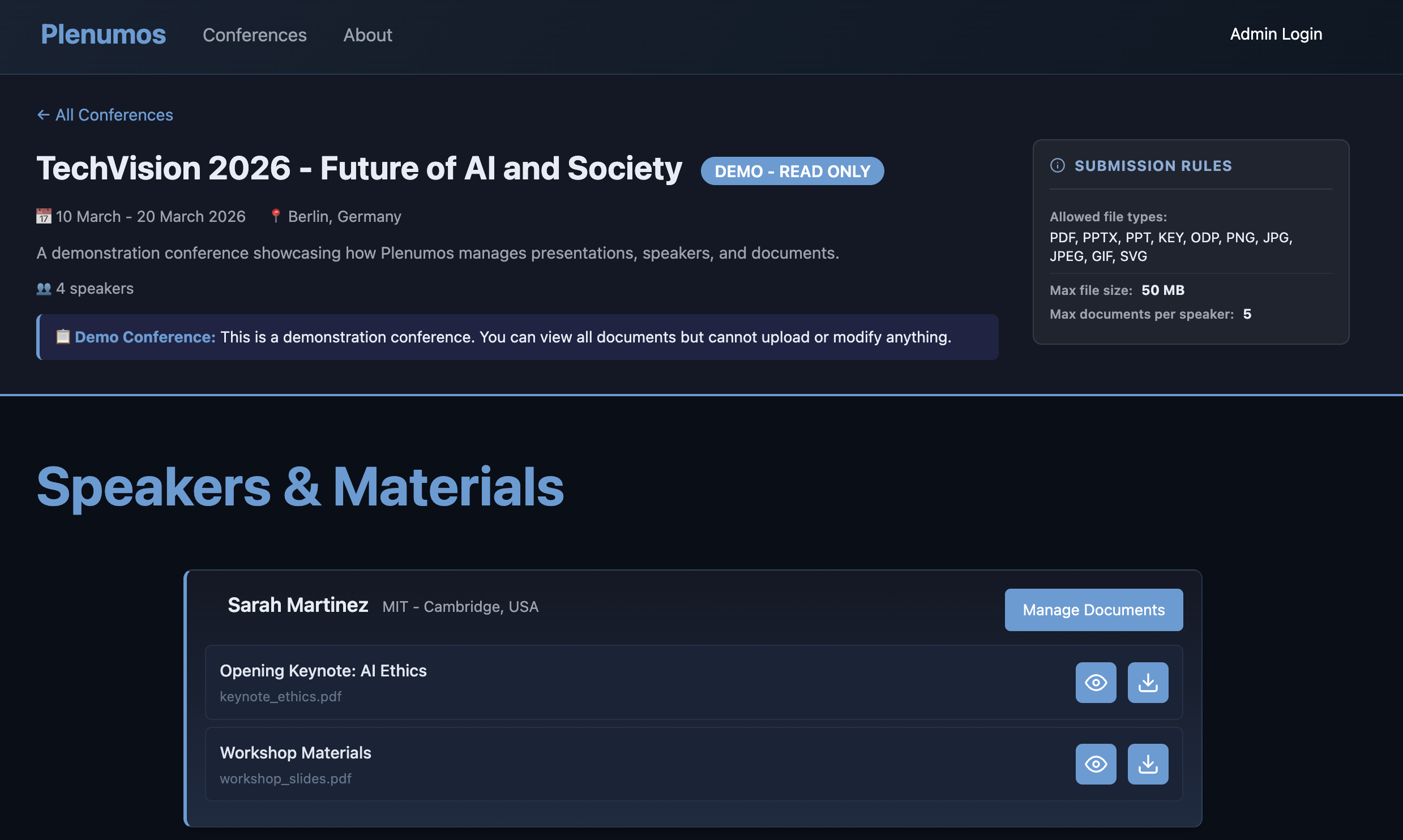 Conference page with speakers and materials