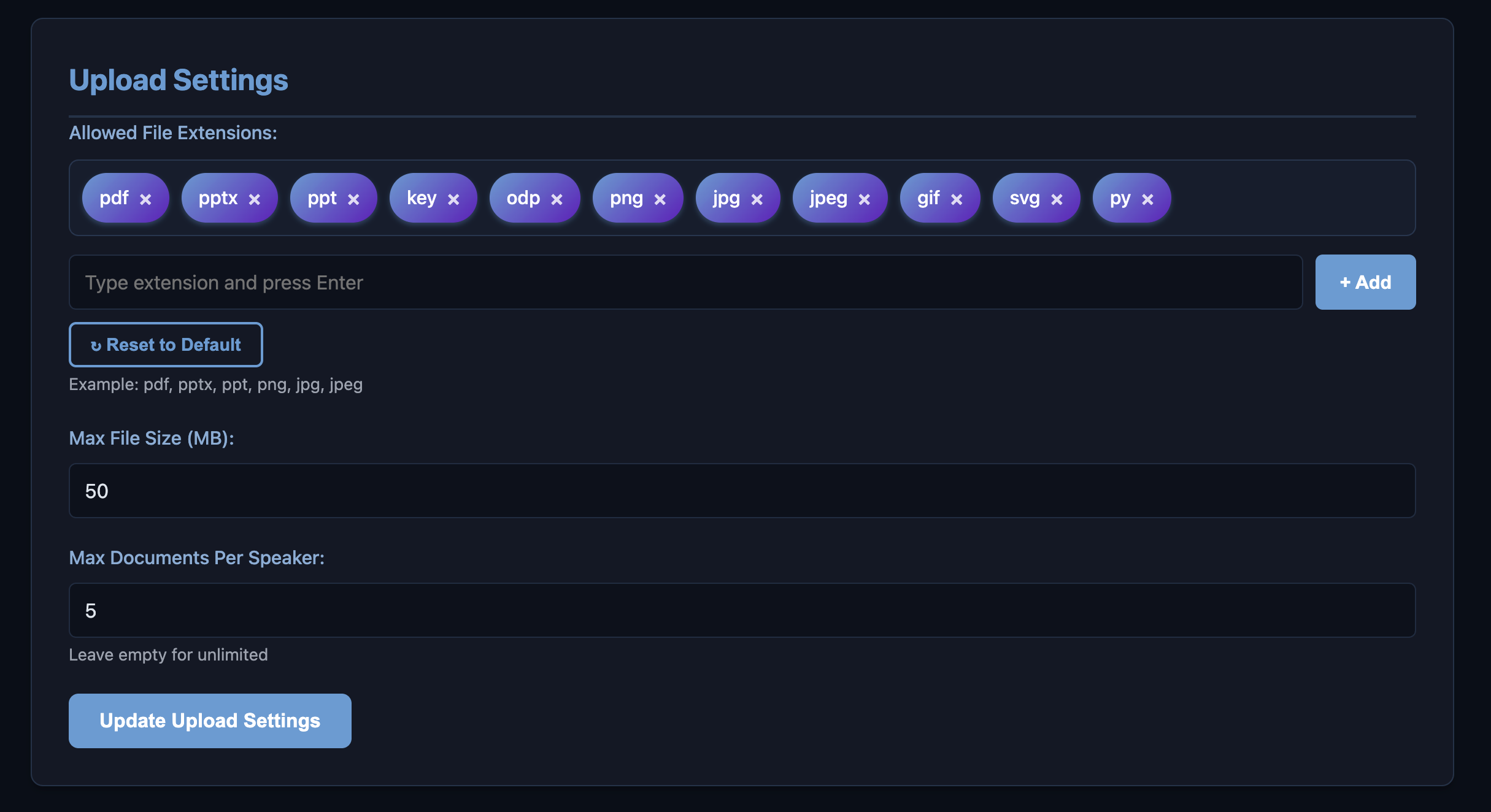 Upload settings configuration panel